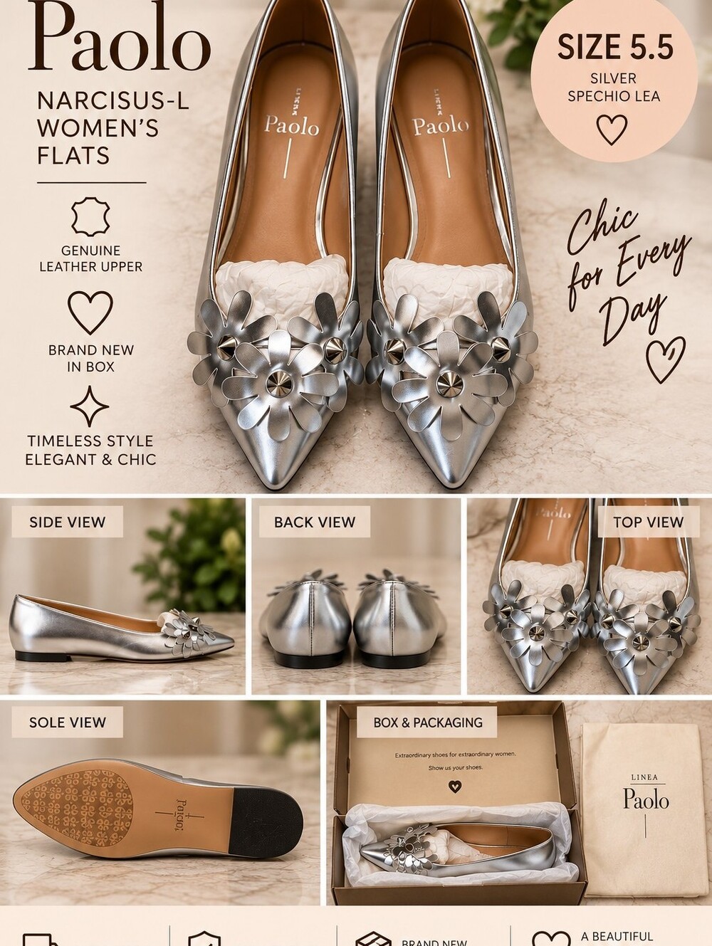 NIB Linea Paolo Silver Pointed Floral Applique Flats